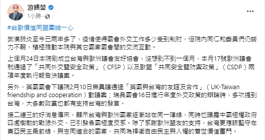 快新聞／歐議會通過2決議案！籲中停止威脅台海　游錫堃：戰狼外交已讓各國反感