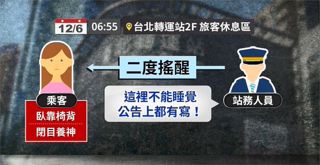 女稱坐月台長椅"閉目養神"遭搖醒! 轉運站告示"禁止睡覺"