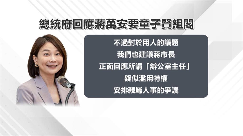 蔣萬安拋童子賢組閣 總統府:先正面回應"辦公室主任"濫用特權爭議