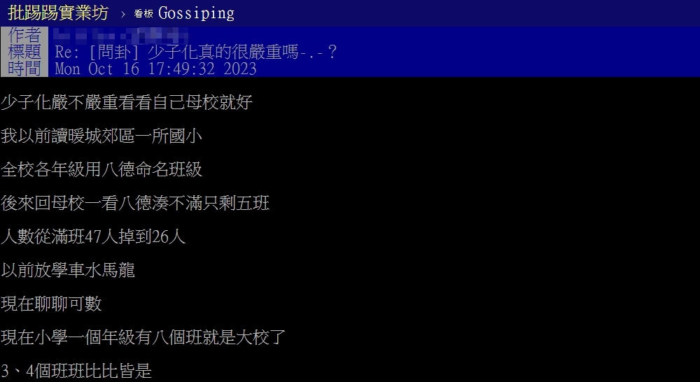 少子化嚴重嗎?他驚曝國小母校只剩5班 人數「47→26」雪崩下滑