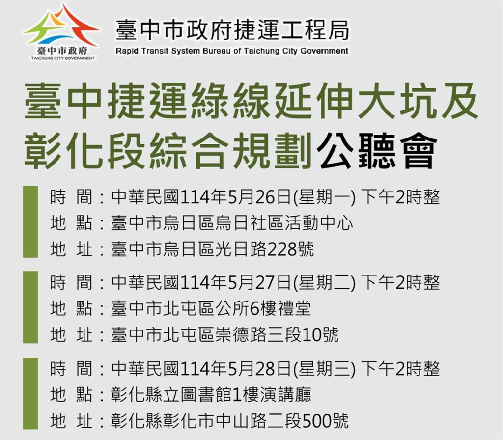 快新聞/中捷綠線延伸案明起將開3場公聽會 路網擬橫跨烏日至彰化市區
