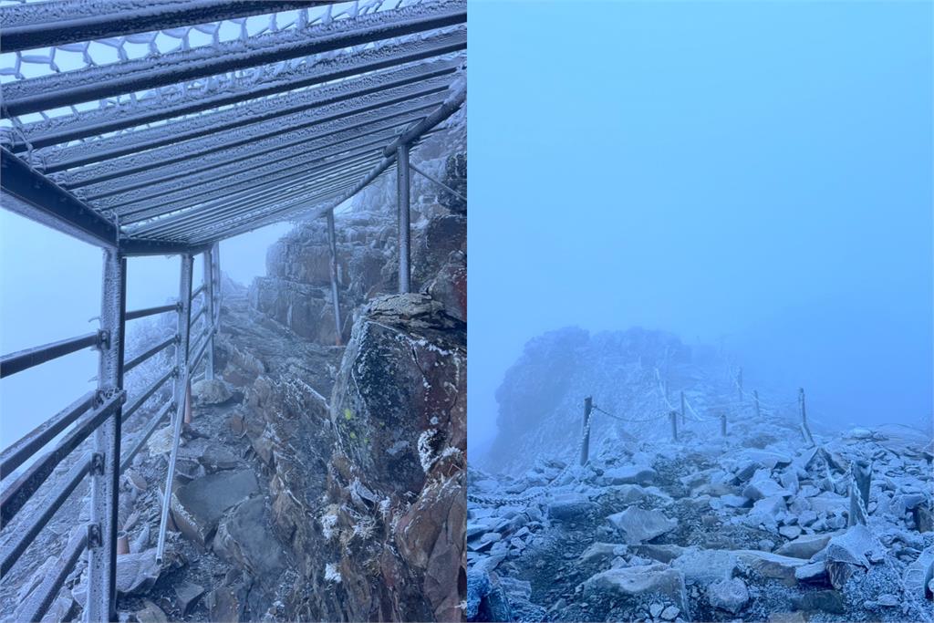 玉山-8.5°C景象「凍」人 主峰石碑結冰