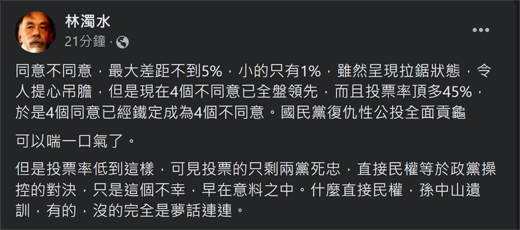 快新聞／「4個不同意」開票全領先！　林濁水：國民黨復仇性公投全面摃龜