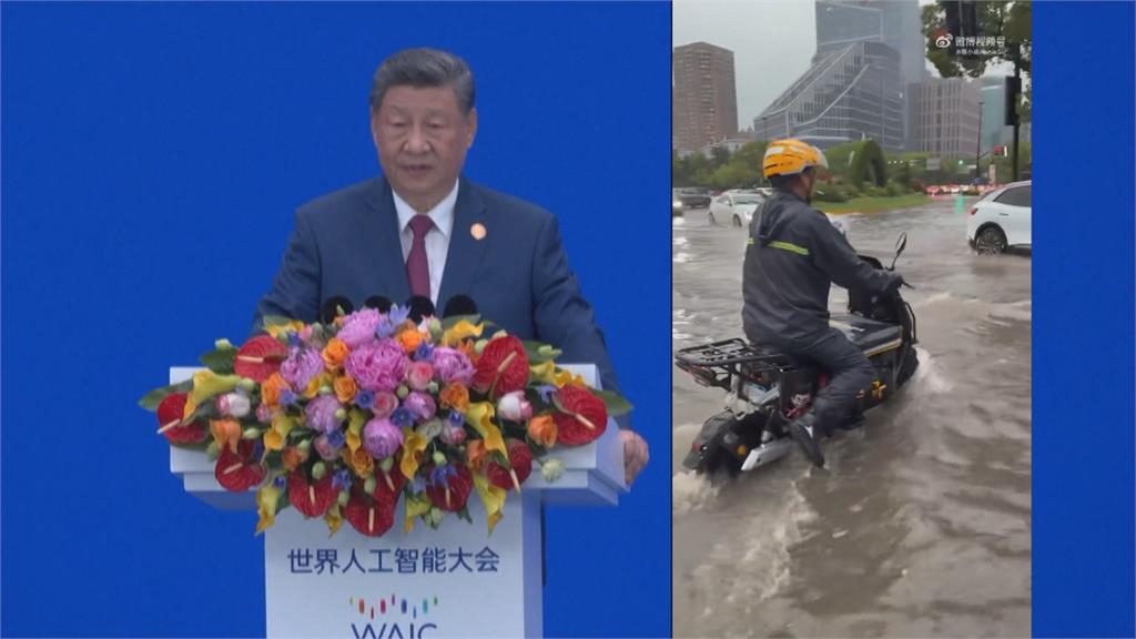 狂風暴雨襲上海 積水灌進商場超市、街上划小艇