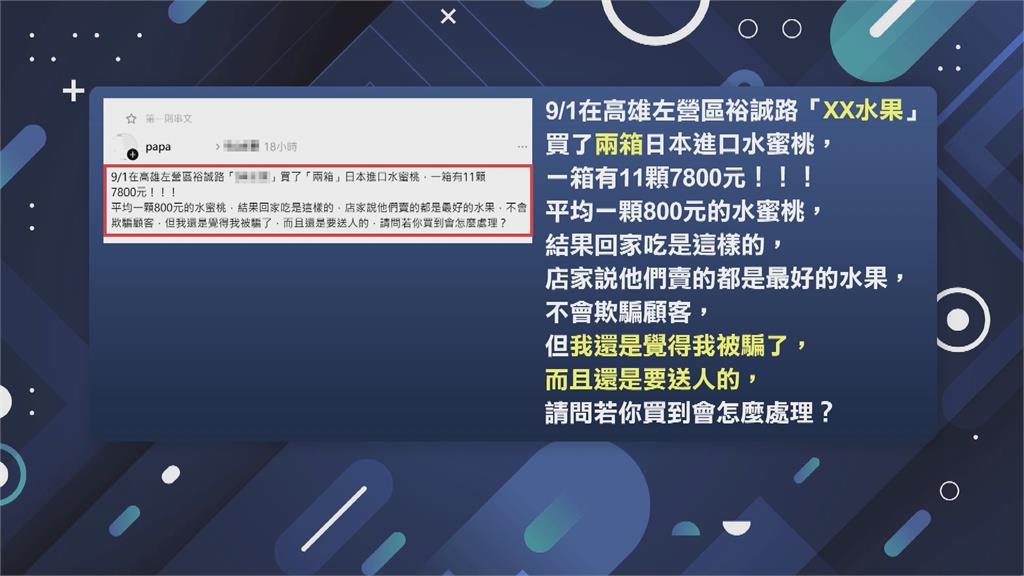 一箱水蜜桃11顆7800元　切開來裡面全都爛的