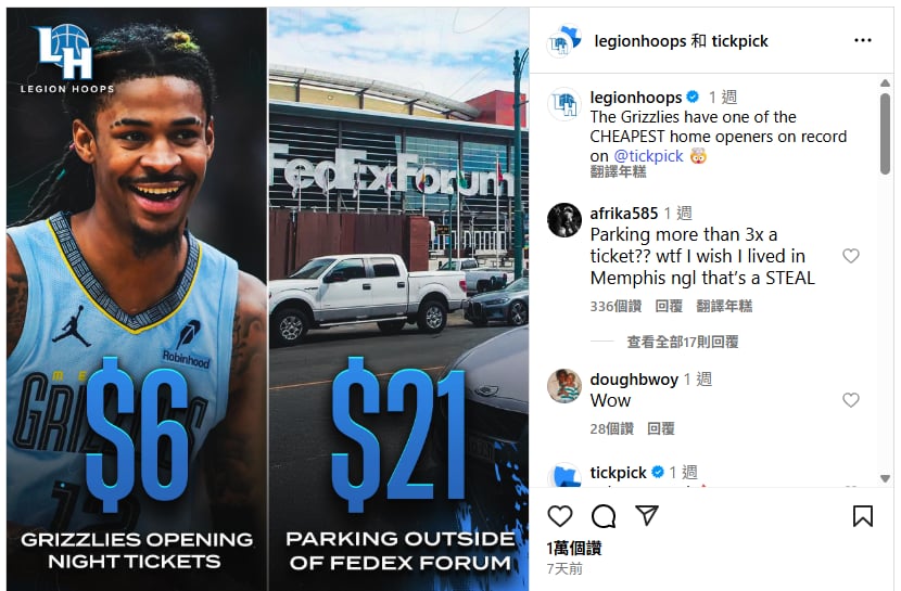 NBA(影)/要確耶?莫蘭特轟35分贏球「灰熊開幕戰最低票價」竟比場館停車費還俗