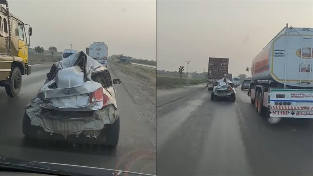 狂!轎車被撞成「廢鐵」嚴重變形照樣開 14秒上路影片曝網看傻:太強
