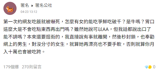 第一次見面女網友迴轉壽司吃到破千 他嚇傻秒封鎖遭全網指1點砲轟