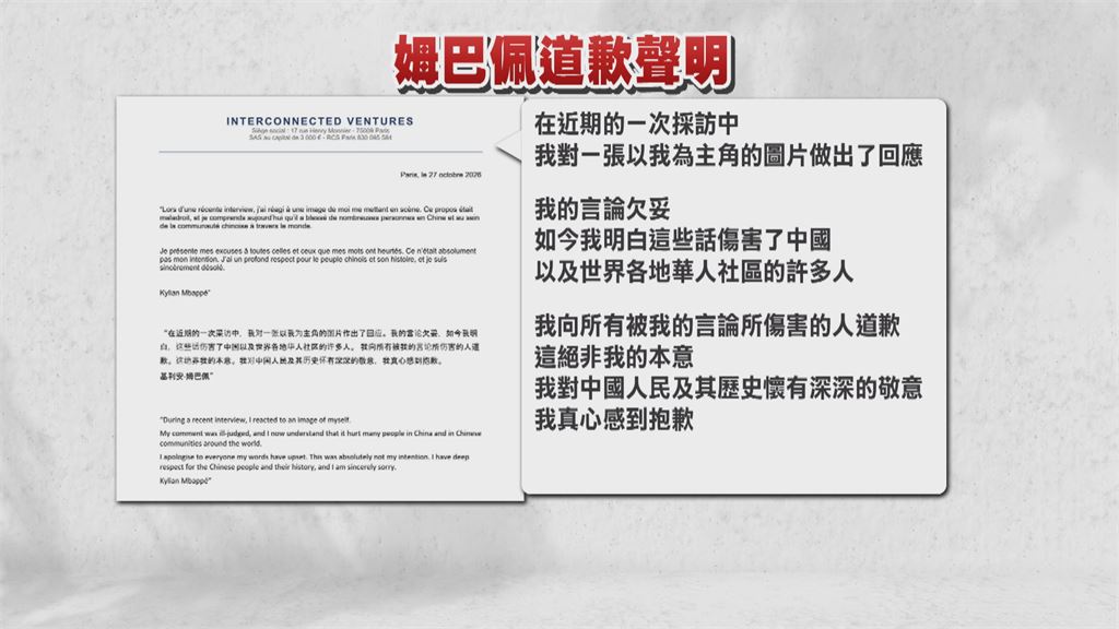 姆巴佩道歉了!「法中英」聲明致歉 中國仍不買單