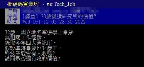 32歲男想進科技業！錄取四大研究所嘆「要讀嗎？」網見科系秒搖頭