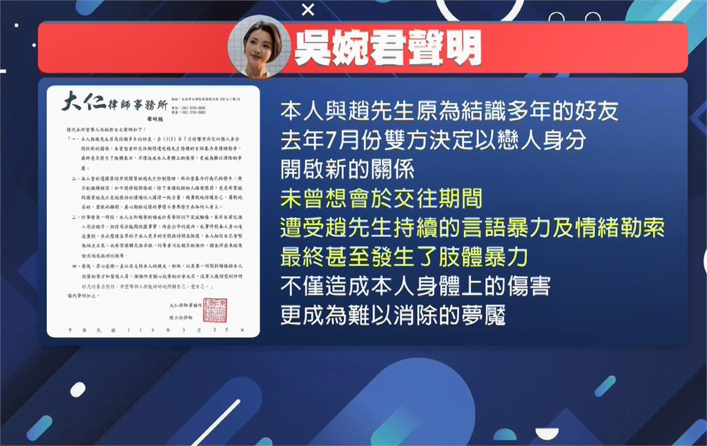 趙駿亞認施暴吳婉君 道歉聲明坦承脾氣差「須被制裁」