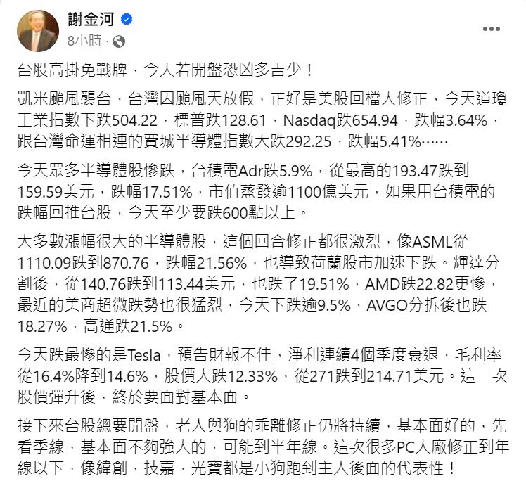 美股暴跌慘崩「台股剉勒等」! 謝金河:至少跌600點以上