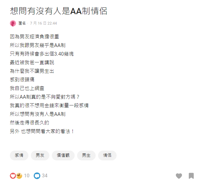 妹子好奇「情侶AA制」就是不夠愛對方?一票網友逆風挺:自己才有底氣
