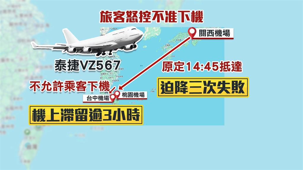 互踢皮球？　泰越捷航班3度降落桃園失敗　轉降台中　旅客怒轟不准下機　
