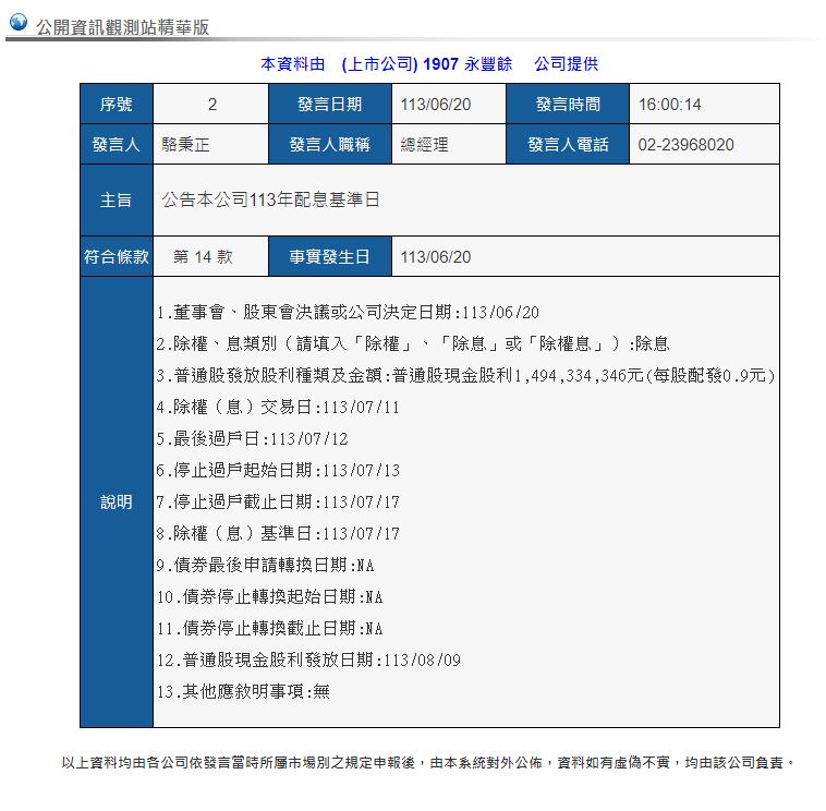 永豐餘完成董事改選！　重訊公告8/9發放每股0.9元現金股利