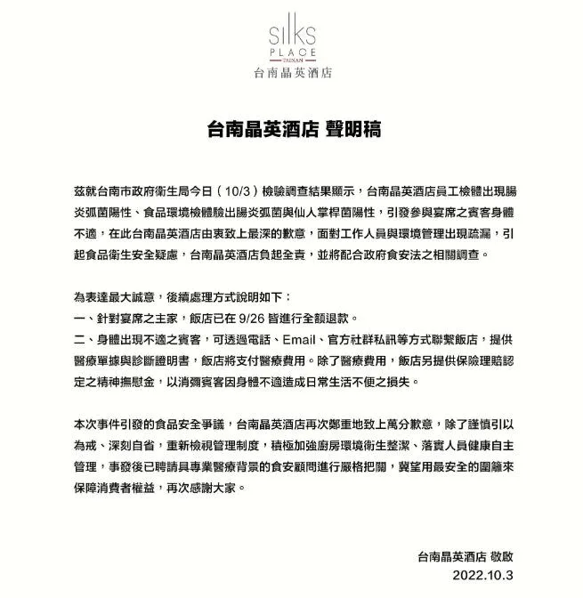 快新聞/台南晶英酒店傳171人食物中毒 業者致歉:全額退費