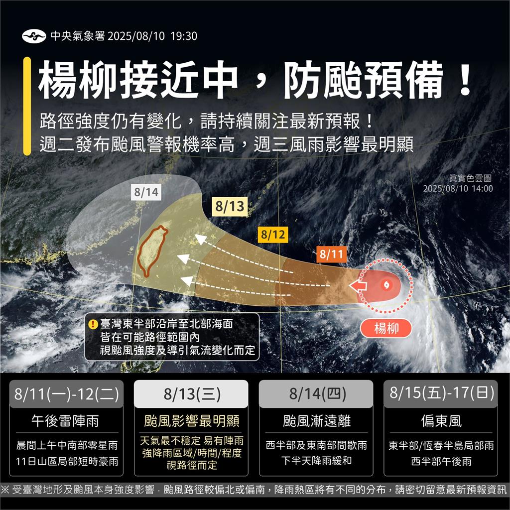 楊柳來勢洶洶「貫穿台灣」有望放颱風假？氣象署公布全台「停班停課機率」