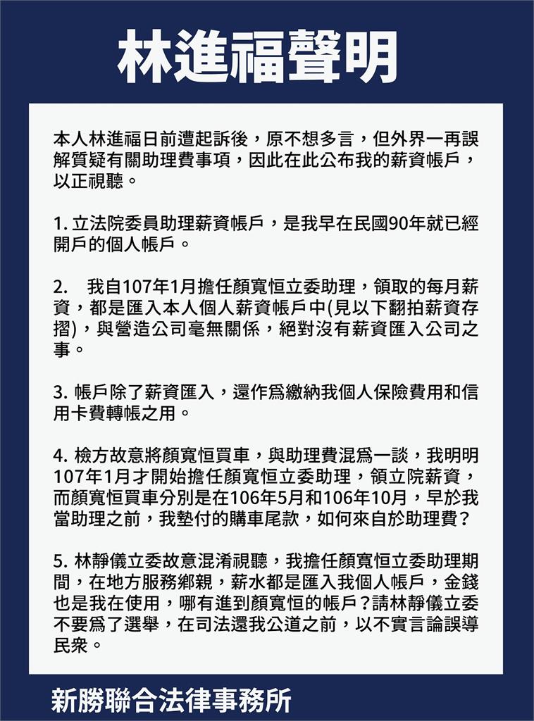 快新聞／立委助理費幫顏寬恒買瑪莎拉蒂？　林進福公開帳戶駁斥