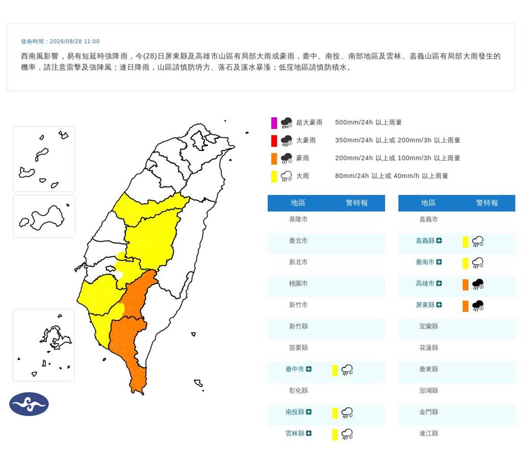 快新聞／雨彈狂炸ING！7縣市豪大雨特報　慎防雷擊、強陣風