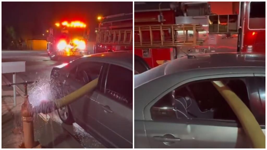 有車違停消防栓前!車窗被擊破「水管貫穿」救火 18秒療癒畫面曝光