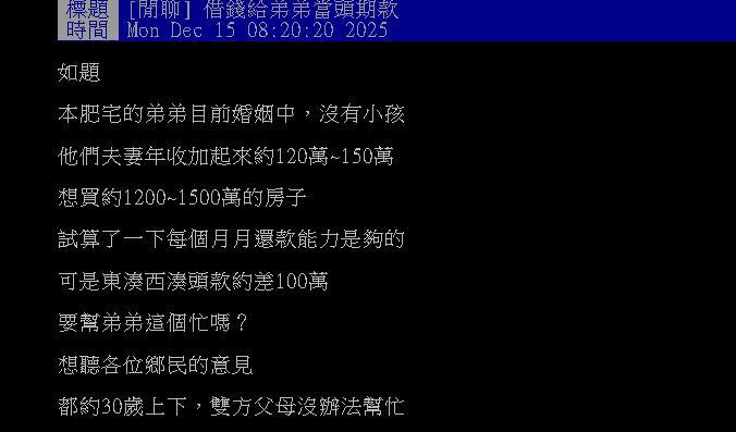 他想借弟100萬當「買房頭期款」 !1關鍵網勸心態很重要:怎幫才是重點