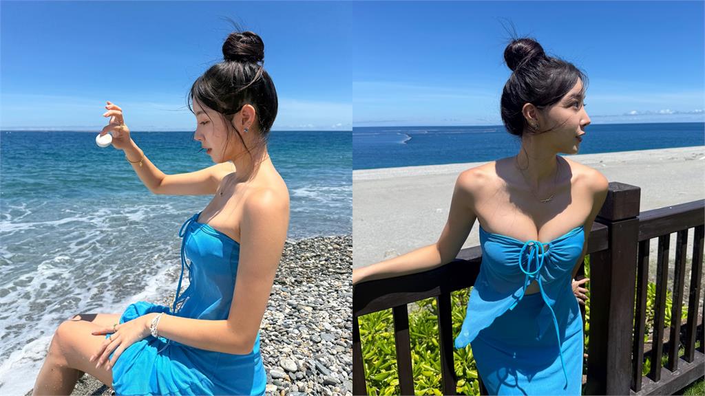 最強外掛安芝儇「海灘辣照」全曝光！胸前綁帶包不住「深溝狂炸」網：像AI…