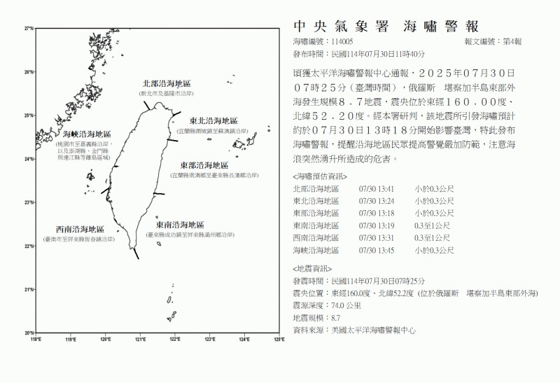 快新聞/氣象署發布海嘯警報!東南、西南沿海浪最高 恐達0.3至1公尺