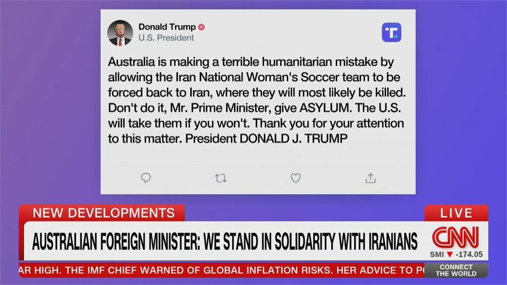 拒唱國歌挨轟叛徒　川普讚澳洲庇護伊朗女足「做得很好」