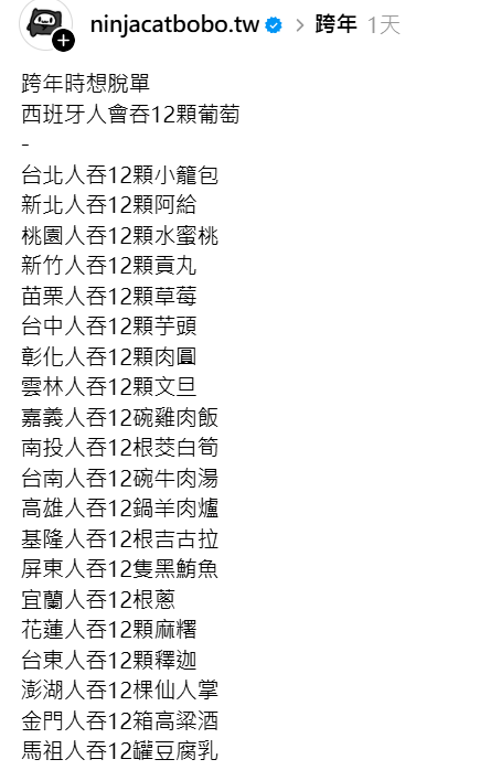 快新聞/西班牙習俗「跨年吞12顆葡萄脫單」 「台灣版」清單讓網笑瘋:「這怎吞!」