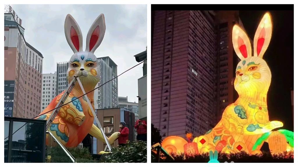 重慶人面巨兔花燈「妖氣眼神」嚇哭小孩！醜到被當地勒令：立即拆除