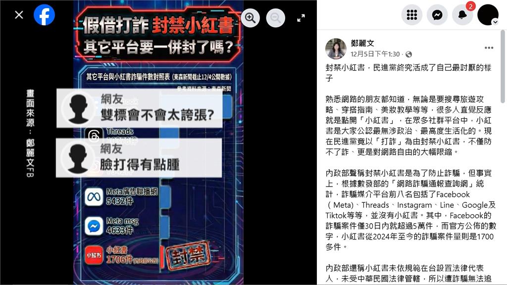 雙標! 王鴻薇轟禁小紅書蓋民主長城 昔喊"擋無代表人平台"