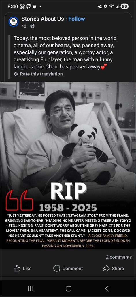 71歲成龍爆做了「告別歌」離世後發布！認了已開始「把握當下」：人終要一死