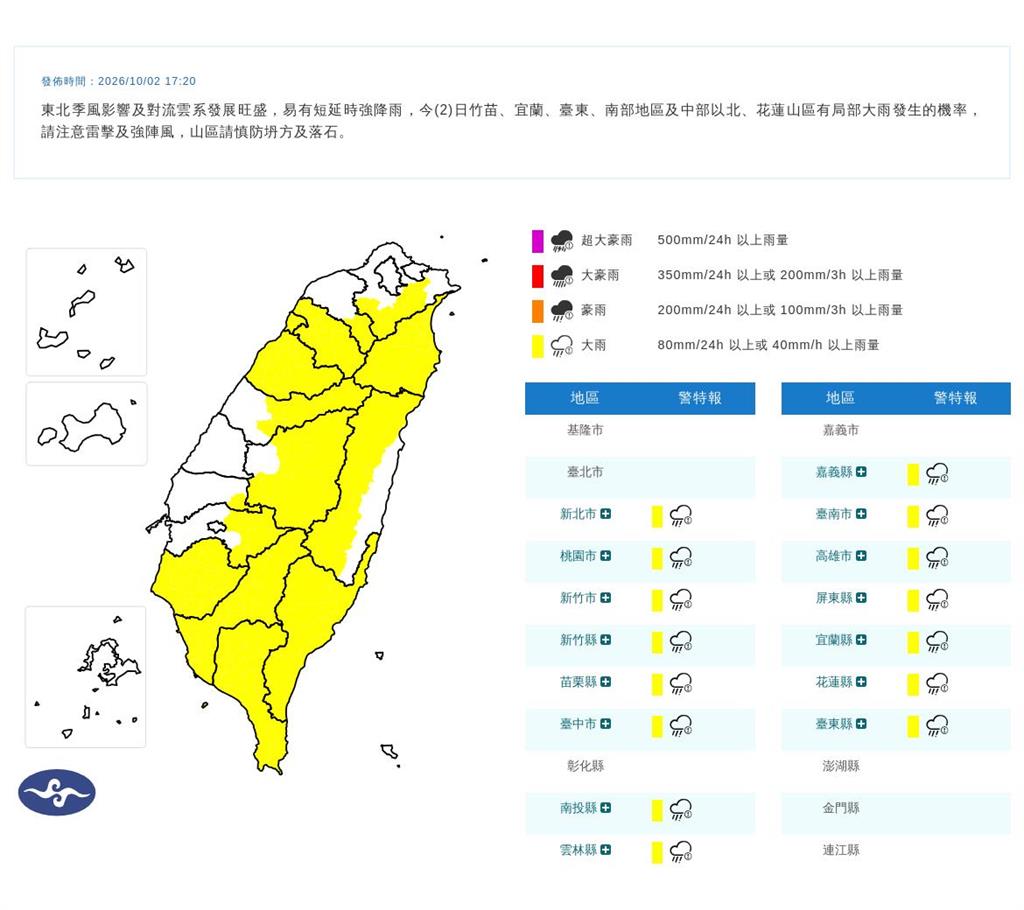 快新聞／下班注意！雨彈猛炸15縣市　氣象署發布大雨特報