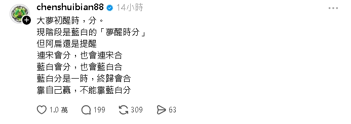夢醒時分！陳水扁突預言「藍白結局」喊話：靠自己贏不能靠藍白分