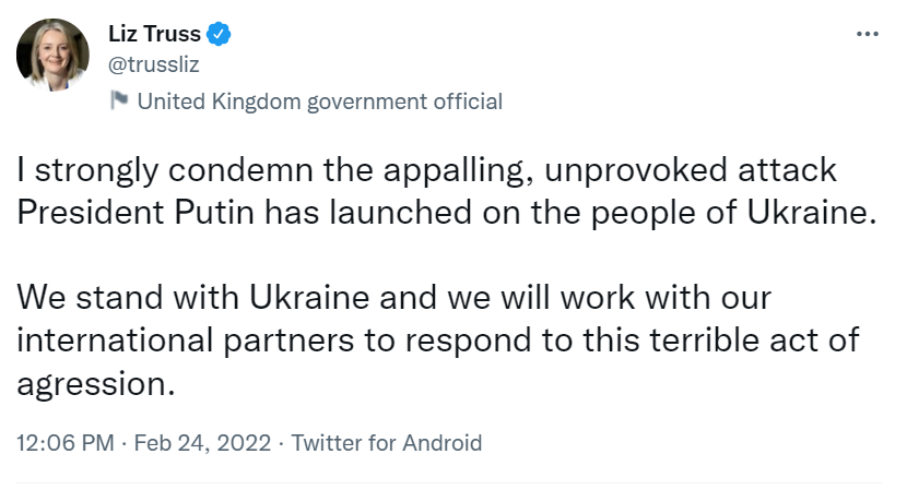 快新聞／蒲亭下令開戰　英外長強烈譴責表態「將和烏克蘭站在一起」