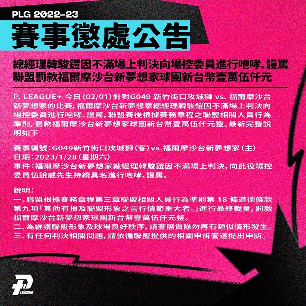 PLG／夢想家總經理韓駿鎧咆哮、謾罵　聯盟開罰1.5萬元