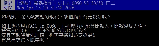台股站高點該「歐印0050」還是搭正二？ 網見1關鍵笑了：20年後是甜甜價