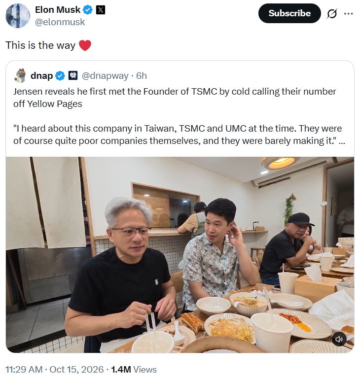  黃仁勳自爆「狂call張忠謀」卻吃閉門羹！馬斯克妙回「這句」網：要幹大事了