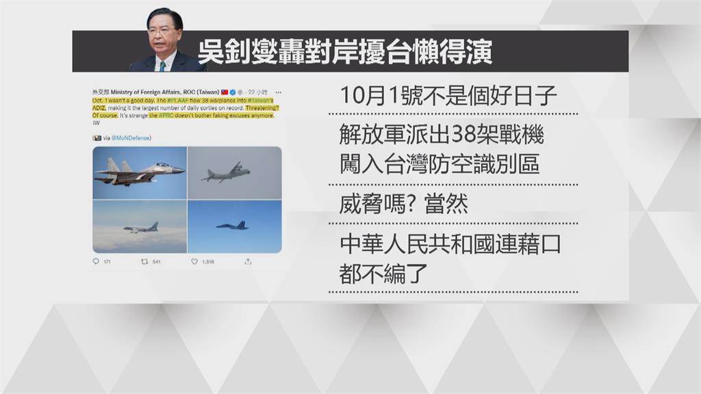 中軍機39架次擾台創新高 吳釗燮強硬回嗆 美軍機出聲警告中機 美國:不讓中國肆意破壞台海和平