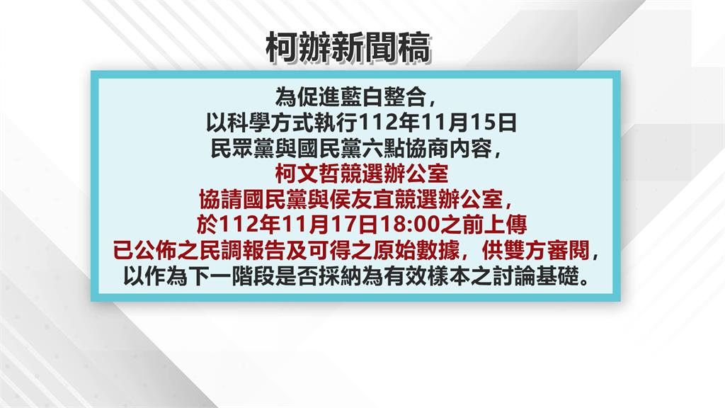 出招？柯辦請國民黨與侯辦　下午6時前上傳民調供審閱