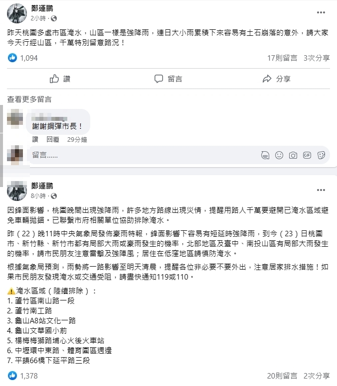 桃園暴雨成災「機車水上漂」!張善政「神隱1夜」網嗆:市長還在睡?