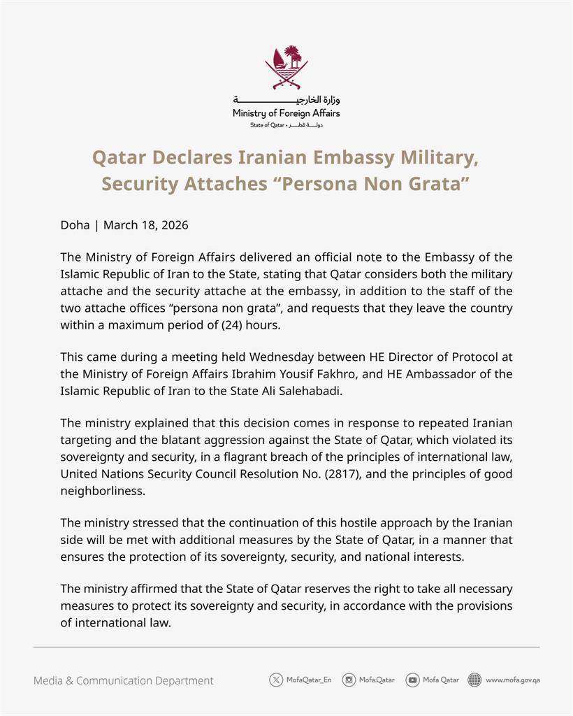 快新聞／卡達出手了！強硬驅逐「伊朗部分官員」　限24小時內離境