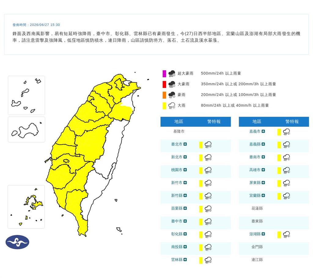 快新聞／雨彈狂炸！17縣市大雨特報「一路下到晚上」