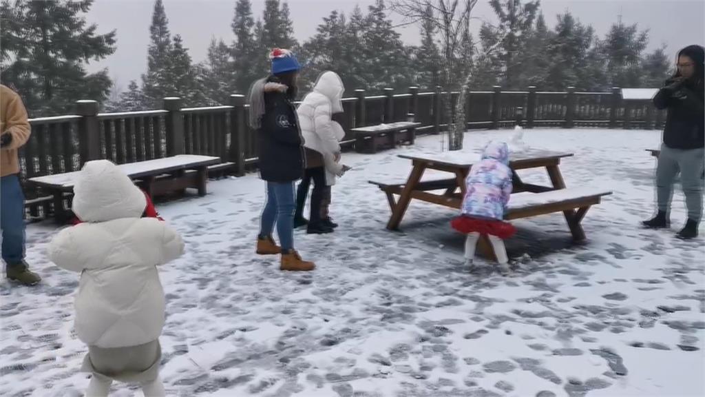 今年首波寒流來襲迎第一場雪　太平山、拉拉山遊客嗨打雪仗