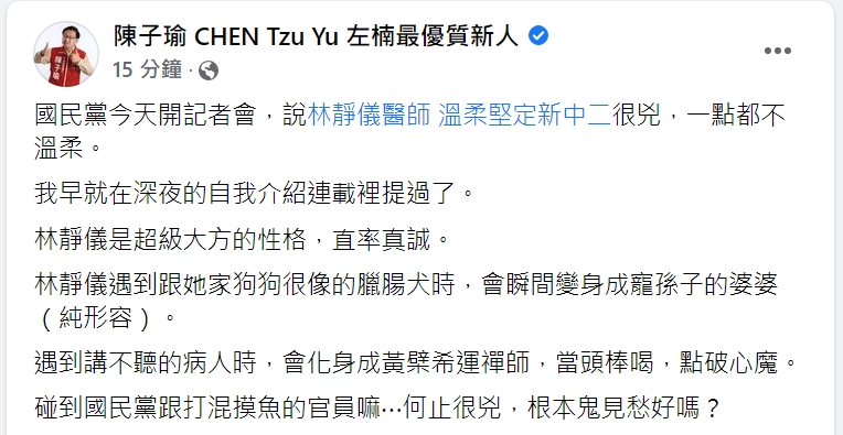 快新聞／國民黨嗆林靜儀溫柔是假的　陳子瑜酸：碰到KMT根本鬼見愁好嗎