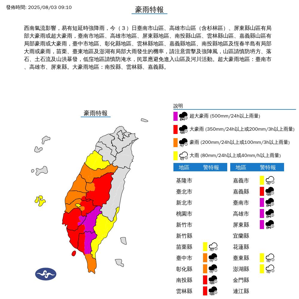 快新聞/中南部慎防!12縣市豪大雨特報 一路下到晚上