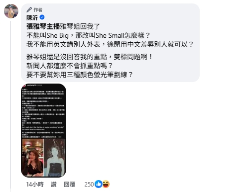 張雅琴遭嗆「搞不清楚狀況」發聲了!陳沂再轟她雙標:新聞人不會抓重點?