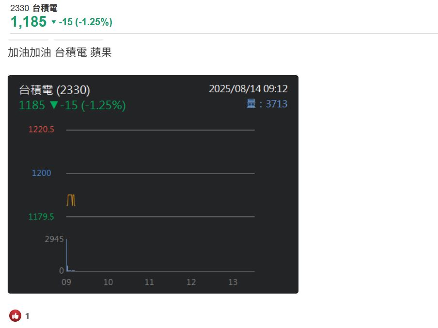 台積電1200元是天花板?今天跌15元 網友集氣喊