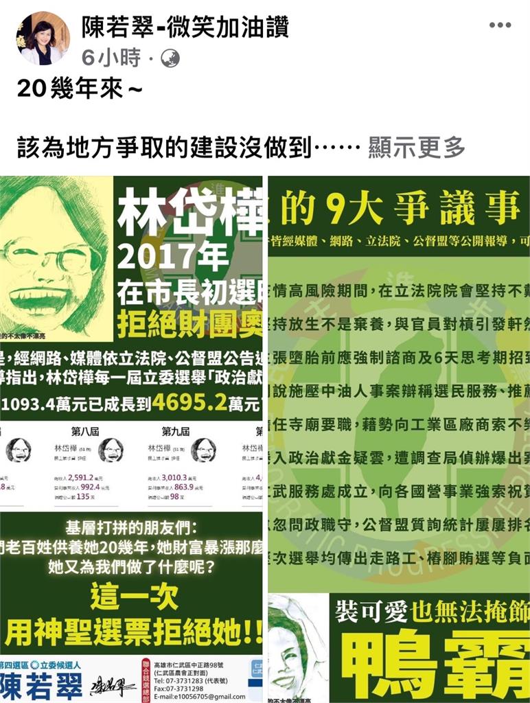 選戰倒數！藍立委參選人陳若翠文宣攻擊 林岱樺:從政20年來清廉自持