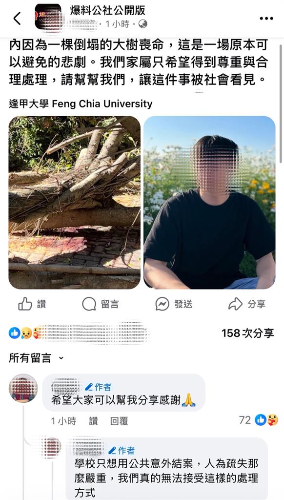 逢甲碩一男被樹壓死「專家這樣說」!親媽不忍了批校方「想這樣」結案